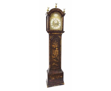 Black lacquer and chinoiserie decorated eight day longcase clock, the 12" brass arched dial signed Henry Baker, Malling on a 