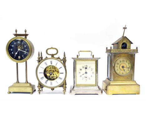 Brass gravity clock, 10.25" high; also a novelty German brass cuckoo clock, 11" high (key) and two other small metal cased ma