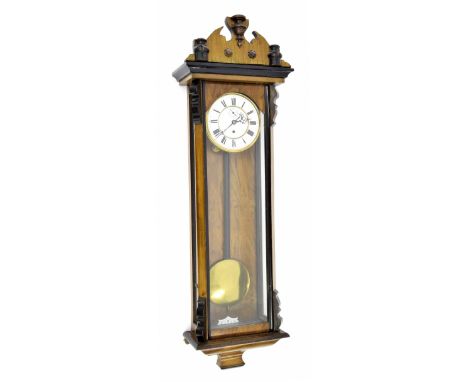 Vienna walnut and ebonised single weight regulator wall clock, the 6.25" white dial with subsidiary seconds dial, within a ca