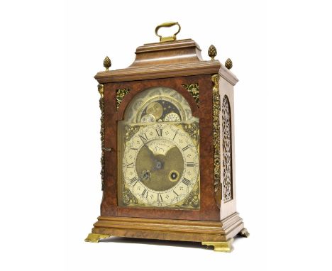 Dutch two train mantel clock with verge movement striking on a bell, the 5.5" square brass dial signed Johnson on an arched p