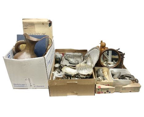 Sirram picnic hamper, copper crumb tray and brush, mincers, large copper jug, silver-plated and other metalware etc