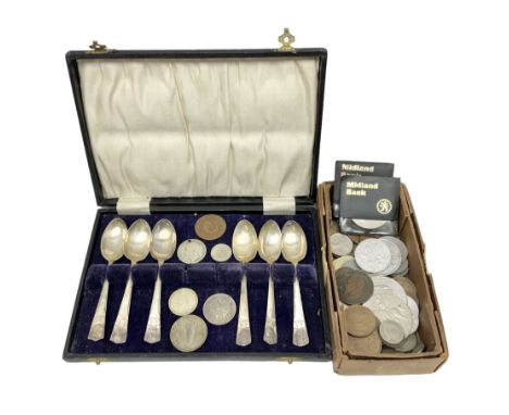 Five silver Coronation spoons by R Bond &amp; Co, hallmarked Sheffield 1934 and 1935, together with another further stamped N
