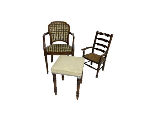 French style beech framed elbow chair, child's ladder-back armchair with rush seat, and a mahogany stool on turned supports (