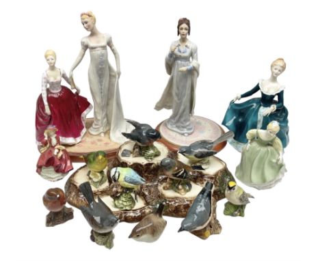 Nine Beswick bird figures, with stand, together with USSR thrush, two Franklin Mint Jane Austin figures and four Royal Doulto