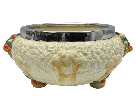 Clarice Cliff Celtic Harvest pattern bowl, with a white metal rim, D17cm
