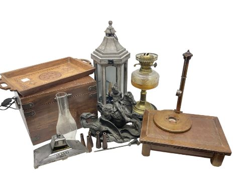 Brass oil lamp with glass reservoir, together with wooden framed hexagonal lantern, two wooden boxes and other collectables 