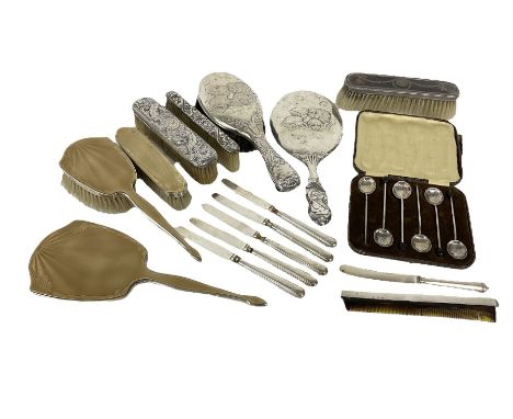 1930's silver mounted guilloche enamel three piece dressing table set, hallmarked Adie Brothers Ltd, Birmingham 1935, Victori