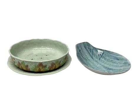 Clarice Cliff salad drainer and stand, moulded in relief with leaves and flowers on celadon ground, both with printed mark in