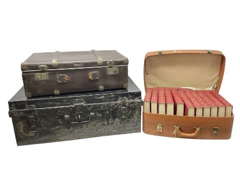 Tin trunk, two suit cases and encyclopaedia Britannica, trunk H33cm, L84cm
