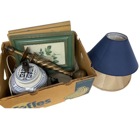 Blue and white Oriental style ceramic table lamp and brushed effect table lamp, both with shades, and three framed prints