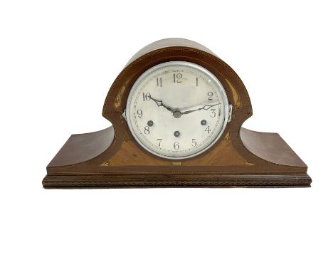Edwardian Westminster chiming mantle clock in a mahogany case with inlay