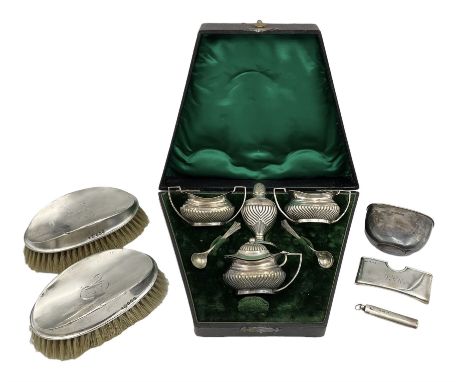 Group of silver, including pair of clothes brushes, hallmarked W J Myatt &amp; Co, Birmingham 1920 &amp; 1923, silver hip fla