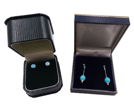 Pair of silver turquoise pendant stud earrings and a pair of silver opal stud earrings, both stamped 925 