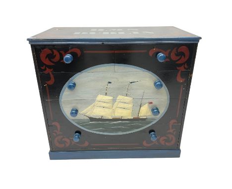 Painted pine chest, fitted with two short and three long drawers, painted with ships portrait of 'HMS Dublin' Dimensions: Hei