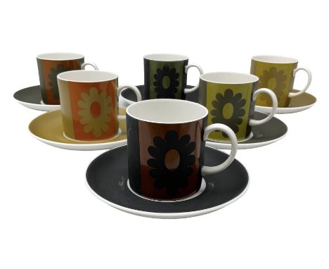 Susie Cooper for Wedgwood Carnaby Daisy pattern coffee set comprising six cans and six saucers