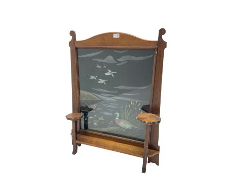 Early 20th century mahogany fire screen, glazed panel enclosing painted fabric scene of ducksDimensions: Height:&nbsp;89cm&nb