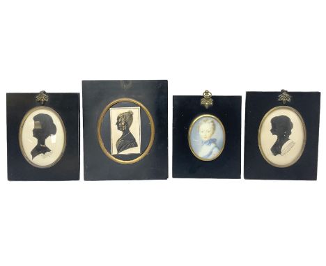 Three early 20th century framed portrait silhouettes, together with a printed portrait miniature in frame (4)