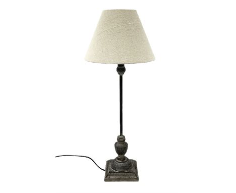 Table lamp, with a thin central stem upon a square stepped base, natural linen shadeDimensions: Height:&nbsp;54cm&nbsp;