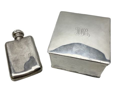 Small silver screw cap hip flask, hallmarked and a silver plated square cigarette box, with monogram to coverCondition Report