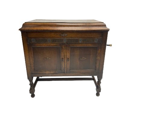 Gilbert and Co - early 20th century oak cased gramophone cabinet, rectangular hinged top concealing gramophone and storage ar