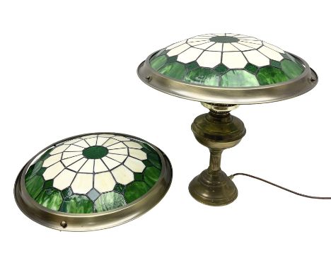 Brass oil lamp converted to electricity with leaded green and cream shade, together with another matching shade, lamp H45cm