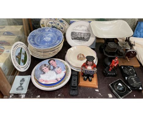 A shop scales together with a sewing machine, Six Nations coasters, collectors plates, Toby Bitter figure, train etc 