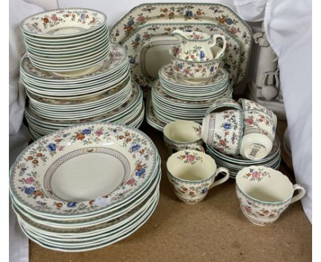 A Copeland Spode Royal Jasmine pattern part tea and dinner set, comprising twelve soup bowls, seven teacups, nine saucers, cr