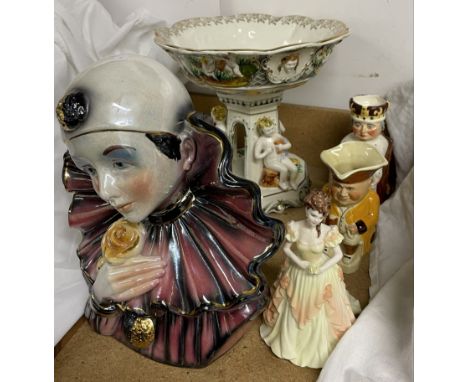 A Coalport figure Karen, together with two Toby jugs, table centrepiece and portrait bust