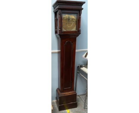 A 19th century mahogany longcase clock, with a moulded cornice above a long trunk door, box base and plinth, the 29cm brass d