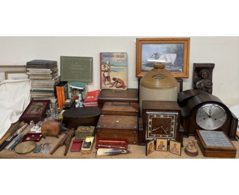 A Victorian rosewood converted tea caddy together with other boxes, books, mantle clocks, pens, stoppers etc 