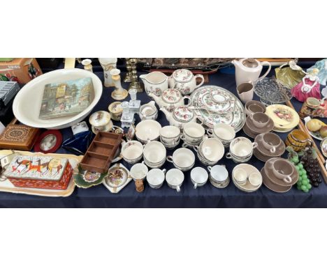 An Indian Tree pattern part dinner set, together with a Poole pottery part coffee set, model ships, brass candlesticks other 
