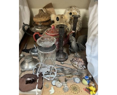 A Butler &amp; Peach miniature bronze elephant, together with a fob watch, coins, electroplated wares, Chinese teapot etc 