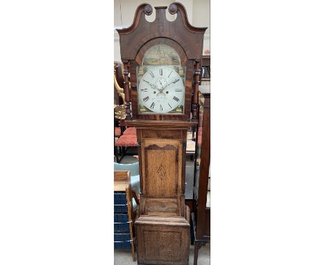 A 19th century oak Longcase clock, the hood with a broken swan neck pediment above a short trunk door and box base the 33cm a