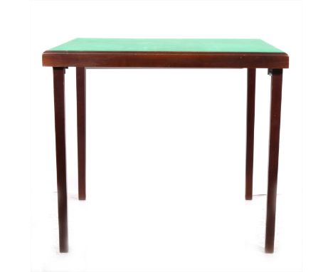 A green baize top folding card table, 79cm square, locking legs.