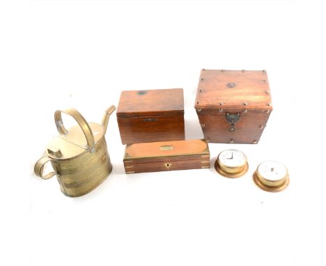 A brass kettle, watering can, port and starboard lights, wooden boxes with brass inlays, barometer etc.