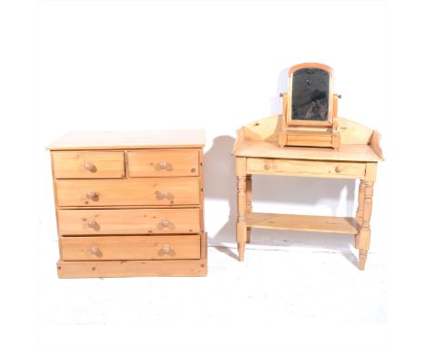 A pine washstand, raised back, single frieze drawer, turned supports, shelf under, width 92cm; a modern pine chest of two sho