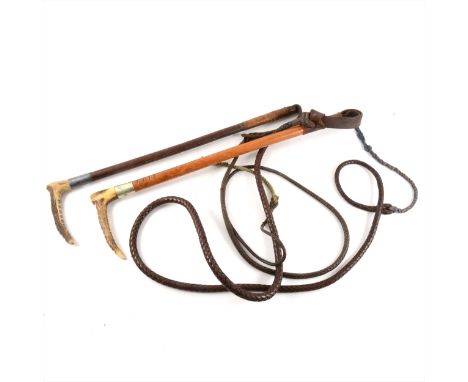 A horn-handled Malacca carriage whip, plated ferrule; and another carriage whip. (Qty: 2)