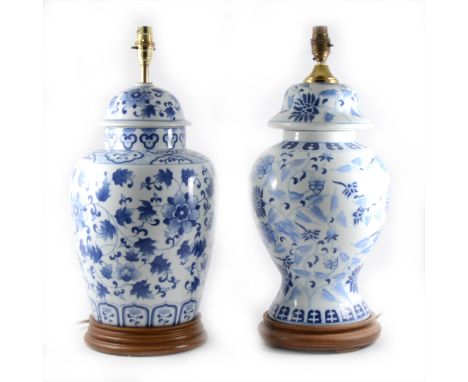 Chinese blue and white baluster-shape table lamp base, 46cm including fitments; and another blue and white vase-shape lamp ba