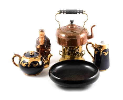 A copper kettle with French brass burner and stand, a Doulton plain black shallow dish, 27cm,diameter, impressed 7502, a navy