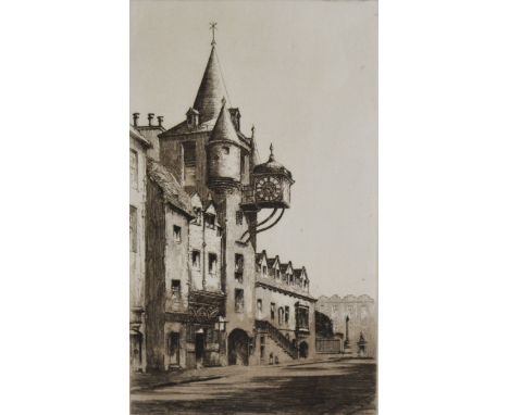 Two etchings of Warwick, The Old Tolbooth Edinburgh, a coloured print The Town Hall Leicester, two military prints 1890 Gunne