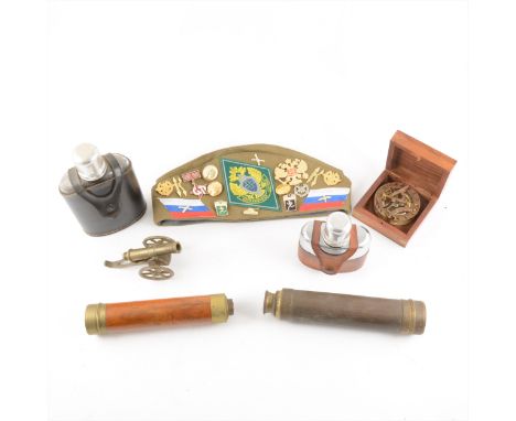 Russian army cap with badges, two handheld telescopes, compass in wooden box with plaque "Titanic 1912" etc.