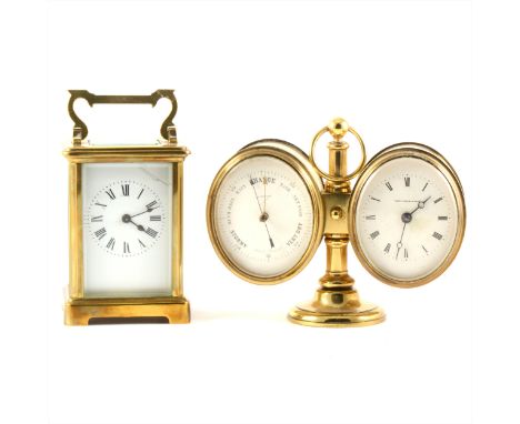 A modern French brass cased carriage clock, plain dial; platform escapement, 13cm; and a desktop clock barometer, signed Pace