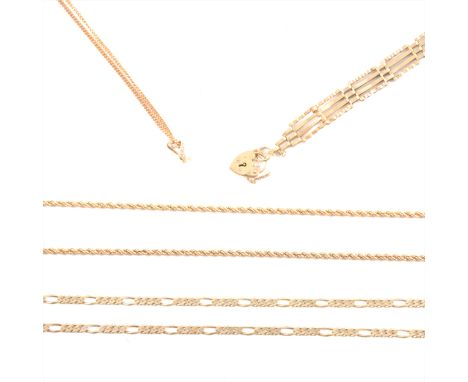 A collection of 9 carat yellow gold and yellow metal chains and a four bar gate link bracelet, to include a 9 carat yellow go