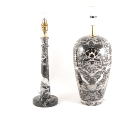 Turned marble candle stick lamp base, 34cm; and a marble effect lamp base. (Qty: 2)