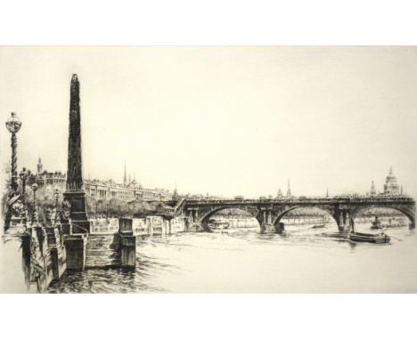 Fred Farrell, Cleopatra's Needle, signed, etching, 26cm x 35cm.