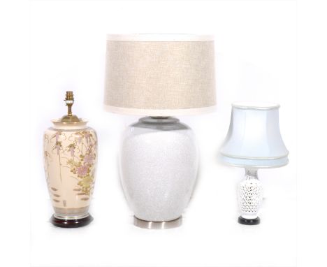 A contemporary table lamp, crackle glazed ceramic base, with shade 69cm; Satsuma style lamp base; a white porcelain lamp base