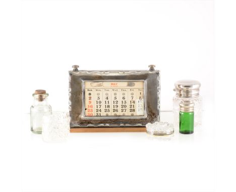 A silver mounted desk calendar, W J Myatt &amp; Co, Birmingham 1928, on wooden base, 21cm, a silver-topped cut glass dressing