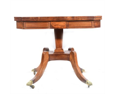 George IV mahogany card table, rectangular fold-over top with crossbanding and canted corners, baize lined interior, tablet f