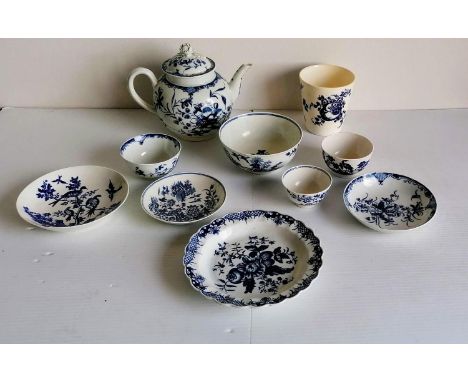 An assortment of early Worcester ceramic (1750-1780) plates bowls, teapot, beaker, etc in various blue and white patterns, al