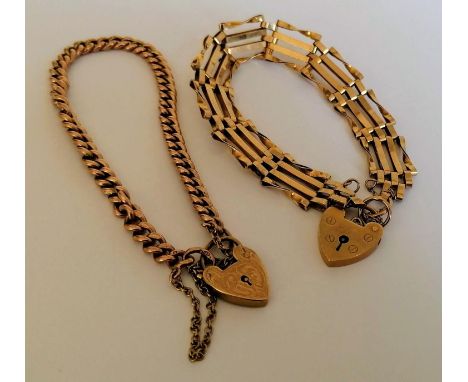 A 9ct yellow gold gate-link bracelet with padlock clasp and another curb link, both hallmarked, 18.7g (2) 
